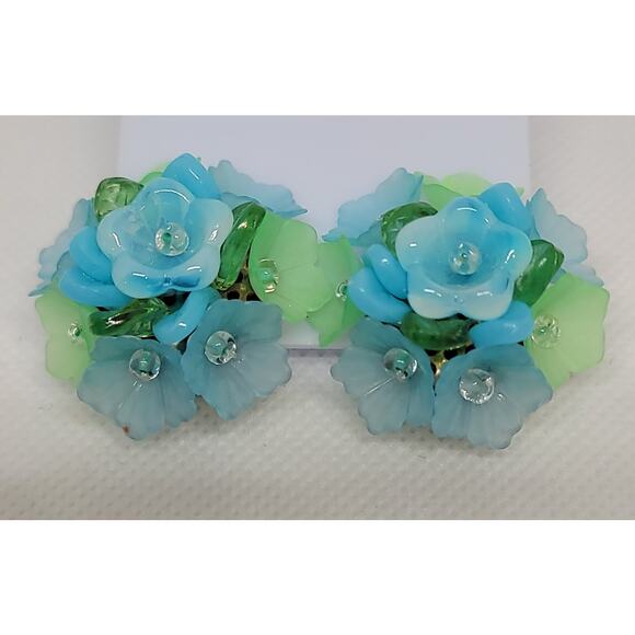 Vintage Mid Century Cluster Glass Clip On Flower Earrings Signed West Germany - Picture 1 of 8